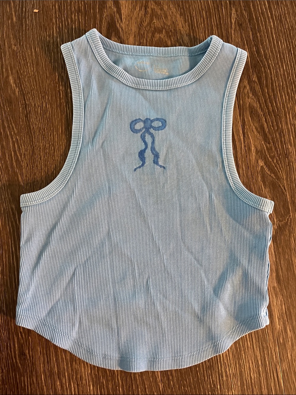 Light Blue Ribbed Tank Top with Bow Motif